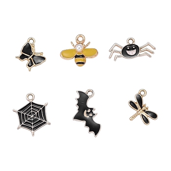 36Pcs 6 Style Light Gold Plated Alloy Pendants, with Enamel, Butterfly & Bee & Spider & Spider Web & Bat & Dragonfly Shape, Black, 36pcs/box