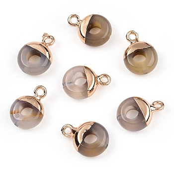 Natural Dragon Veins Agate Flat Round/Donut Charms, with Rack Plating Golden Tone Brass Loops, 14x10mm
