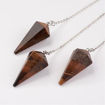 Natural Tiger Eye Hexagonal Pointed Dowsing Pendulums, with Brass Cross Chains, Cone, Platinum, Lead Free & Nickel Free, 8-1/4 inch(215mm)