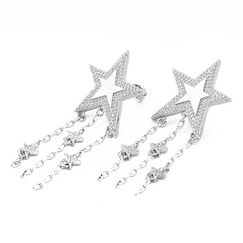 Rack Plating Brass Micro Pave Clear Cubic Zirconia Dangle Earrings, Cadmium Free & Lead Free, Long-Lasting Plated, Star, Platinum, 66x24mm, Pin: 0.7mm