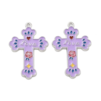 Rack Plating Alloy Enamel Pendants, Platinum, Cross with Word Love & Rose Charm, Lilac, 33x22x2mm, Hole: 2mm