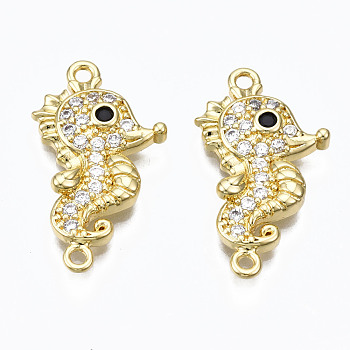 Brass Micro Pave Cubic Zirconia Links Connectors, Nickel Free, Real 16K Gold Plated, Sea Horse, Clear, 23.5x13x3mm, Hole: 1.4mm