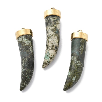 Natural Unakite Horn Pendants, PVD Vacuum Plating 304 Stainless Steel Charms, Real 18K Gold Plated, 35x8x9.5mm, Hole: 1.6mm