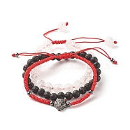 Natural Crackle Quartz & Lava Rock Braided Bead Bracelets Set, Leopard Brass Cubic Zirconia Beads Bracelets for Women, Red, Gunmetal, Inner Diameter: 2~3.15 inch(5.2~8cm), 3pcs/set(BJEW-JB07212-01)