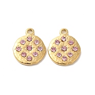 304 Stainless Steel Pendants, with Light Rose Rhinestone, Flat Round Charms, Real 14K Gold Plated, 18.5x15.5x2.7mm, Hole: 2mm(STAS-L022-057G-02)