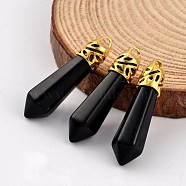 Bullet Natural Obsidian Pendants, with Golden Tone Alloy Findings, 34~36x8~9mm, Hole: 3x2mm(G-E332-B03)