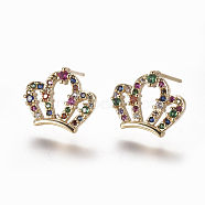 Brass Micro Pave Cubic Zirconia Studs Earrings, Crown, Colorful, 11x13x3mm, Pin: 0.7mm(EJEW-K078-04)