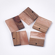 Resin & Walnut Wood Pendants, Square, Dark Salmon, 22.5x22.5x3~4mm, Hole: 1.8mm(X-RESI-S358-35)