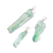 Electroplated Natural Quartz Pendants, with Silver Tone Copper Wire Wrapped, Chip, Light Green, 25.5~39x4~8x3.5~5.5mm, Hole: 3~3.5mm(PALLOY-JF01255-02)
