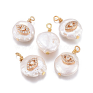 Natural Cultured Freshwater Pearl Pendants, with Brass Micro Pave Cubic Zirconia Findings, Nuggets with Evil Eye, Golden, Clear, 17~26x11~16x5~11mm, Hole: 1.6~2mm(X-PEAR-L027-24C)