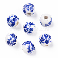 Handmade Porcelain Beads, Blue and White Porcelain, Round with Flower, Blue, 6mm, Hole: 1.6mm(PORC-E021-02A)