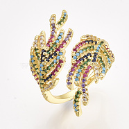 Brass Micro Pave Cubic Zirconia Cuff Rings, Open Rings, Leaf, Colorful, US Size 7 1/4(17.5mm)(RJEW-S044-045)