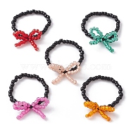 Glass Seed Beaded Bowknot Stretch Finger Rings, Mixed Color, Inner Diameter: 18mm(RJEW-MZ00012)