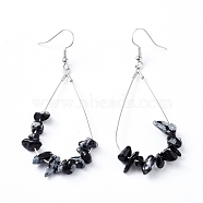 Dangle Earrings, with Natural Snowflake Obsidian Chips, Platinum Plated Brass Earring Hooks and teardrop, Pendants, 71~75mm, Pendant: 53.5~59mm, Pin: 0.5mm(EJEW-E255-B13)