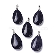 Synthetic Blue Goldstone Pendants, with Brass Finding, Teardrop, 35x20x7.5~9mm, Hole: 4x3.5mm(G-D084-01P-A04)