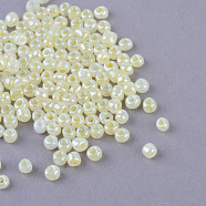 (Repacking Service Available) Glass Seed Beads, Ceylon, Round, Light Goldenrod Yellow, 6/0, 4mm, Hole: 1.5mm, about 12g/bag(SEED-C020-4mm-152)