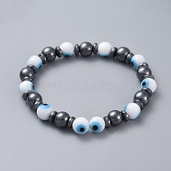 Handmade Evil Eye Lampwork Beads Stretch Bracelets, with Non-Magnetic Synthetic Hematite Beads, Round, White, 2-1/4 inch(5.8cm)(BJEW-JB04461-01)
