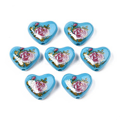 Flower Printed Opaque Acrylic Heart Beads, Deep Sky Blue, 16x19x8mm, Hole: 2mm(SACR-S305-28-O04)