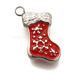 Christmas 304 Stainless Steel Red Enamel Charms, Christmas Socking Charm, Stainless Steel Color, 10.5x10x2.5mm, Hole: 1.2mm(STAS-L022-468P)