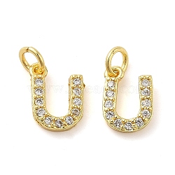 Brass Micro Pave Cubic Zirconia Pendants, with Jump Ring, Letter U, 9x6x1.5mm, Hole: 3.6mm(KK-M273-02G-U)