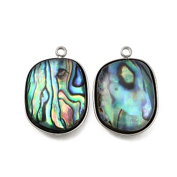 304 Stainless Steel Pave Natural Paua Shell Pendants, Stainless Steel Color, Square, 22x15.5x4mm, Hole: 1.6mm