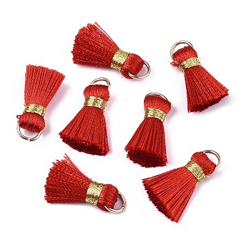 Handmade Polycotton(Polyester Cotton) Tassel Decorations, Pendant Decorations, with Golden Iron Loops, Red, 17~21x10x5mm, Jump Ring: 6x0.7mm, Inner Diameter: 4.6mm