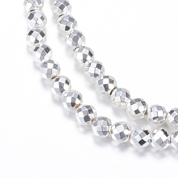 Electroplate Non-magnetic Synthetic Hematite Bead Strands, Round, Faceted, Silver Plated, 3mm, Hole: 1mm, about 150pcs/strand, 15.7 inch