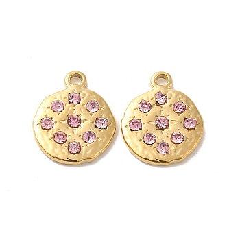 304 Stainless Steel Pendants, with Light Rose Rhinestone, Flat Round Charms, Real 14K Gold Plated, 18.5x15.5x2.7mm, Hole: 2mm