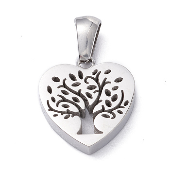 304 Stainless Steel Pendants, Manual Polishing, Heart with Tree of Life, Stainless Steel Color, 15x14x3.2mm, Hole: 5x3mm