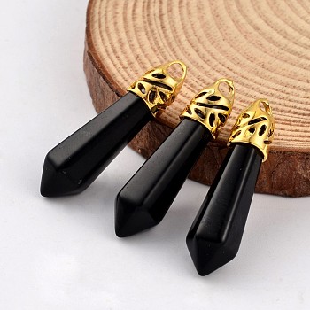 Bullet Natural Obsidian Pendants, with Golden Tone Alloy Findings, 34~36x8~9mm, Hole: 3x2mm