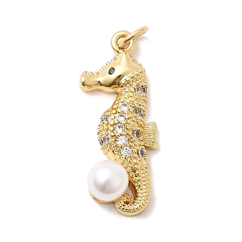 Brass Micro Pave Clear Cubic Zirconia Pendants, with ABS Plastic Imitation Pearl, Sea Horse Charms, Cadmium Free & Lead Free, Long-Lasting Plated, Rack Plating, Real 18K Gold Plated, 27.5x11x7mm, Hole: 3.3mm