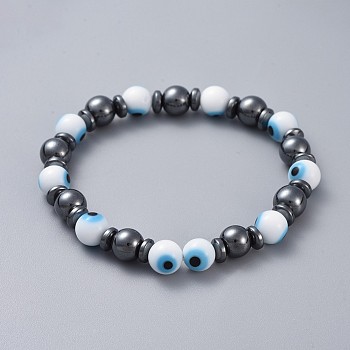 Handmade Evil Eye Lampwork Beads Stretch Bracelets, with Non-Magnetic Synthetic Hematite Beads, Round, White, 2-1/4 inch(5.8cm)