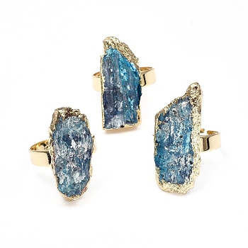 Edge Plated Natural Kyanite Adjustable Finger Rings, with Brass Findings, Nuggets, Size 9, 19mm