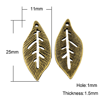 Tibetan Style Alloy Pendants, Lead Free & Nickel Free, Leaf, Antique Bronze, 25x11x1.5mm, Hole: 1mm