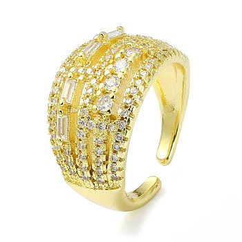 Brass with Cubic Zirconia Open Cuff Ring, Multi Lines Wide Band Rings, Real 18K Gold Plated, Inner Diameter: 18mm