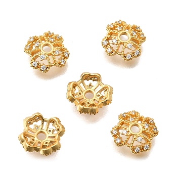 Brass Micro Pave Clear Cubic Zirconia Bead Caps, Four Leaf Clover, Cadmium Free & Lead Free, Rack Plating, Long-Lasting Plated, Real 24K Gold Plated, 10.5x10.5x3.5mm, Hole: 1.8mm