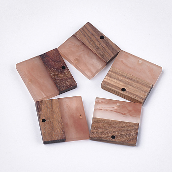 Resin & Walnut Wood Pendants, Square, Dark Salmon, 22.5x22.5x3~4mm, Hole: 1.8mm