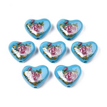 Flower Printed Opaque Acrylic Heart Beads, Deep Sky Blue, 16x19x8mm, Hole: 2mm
