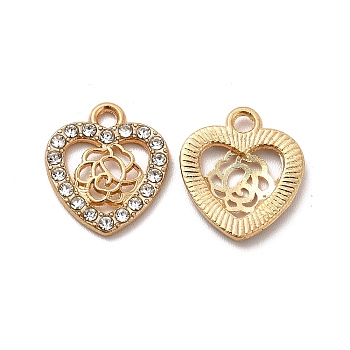 Alloy Crystal Rhinestone Charms, Heart with Hollow Rose Charm, Light Gold, 15x13x2mm, Hole: 1.8mm