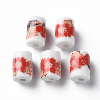 Handmade Porcelain Beads, Famille Rose Style, Column with Flower Pattern, Orange Red, 12.5x8.5mm, Hole: 3mm