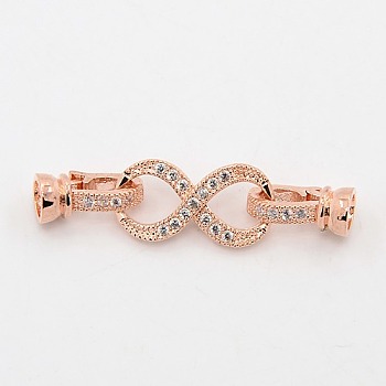 CZ Jewelry Findings Brass Micro Pave Cubic Zirconia Fold Over Clasps, Grade AAA, Lead Free & Cadmium Free & Nickel Free, Infinity, Rose Gold, 37x10x3mm, Hole: 1mm and 4mm