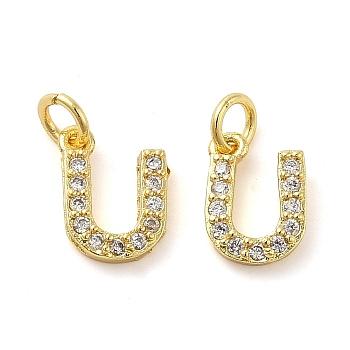 Brass Micro Pave Cubic Zirconia Pendants, with Jump Ring, Letter U, 9x6x1.5mm, Hole: 3.6mm