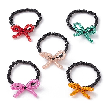 Glass Seed Beaded Bowknot Stretch Finger Rings, Mixed Color, Inner Diameter: 18mm