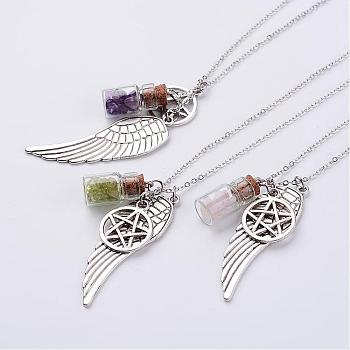 Alloy Pendant Necklaces, Wing and Star, with Mixed Stone Beads, Glass Bottles and Brass Chain, 21.26 inch
