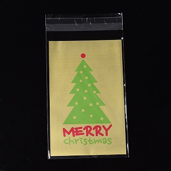 Rectangle OPP Cellophane Bags for Christmas, with Tree Pattern, Goldenrod, 18.2x9.4cm, Unilateral Thickness: 0.035mm, Inner Measure: 14.9x9.4cm, about 95~100pcs/bag