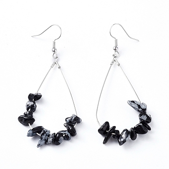 Dangle Earrings, with Natural Snowflake Obsidian Chips, Platinum Plated Brass Earring Hooks and teardrop, Pendants, 71~75mm, Pendant: 53.5~59mm, Pin: 0.5mm