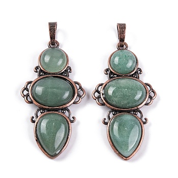 Natural Green Aventurine Pendants, Rack Plating Brass Flower Charms, Cadmium Free & Lead Free, Red Copper, 47x24x6.5mm, Hole: 7.5x5mm
