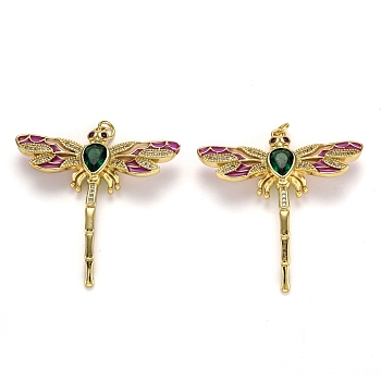 Autumn Theme Brass Micro Pave Cubic Zirconia Pendants, with Enamel and Jump Rings, Long-Lasting Plated, Dragonfly, Real 18K Gold Plated, 41.5x40x7mm, Jump Ring: 5x1mm, 3mm Inner Diameter