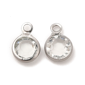 304 Stainless Steel with Glass Charms, Stainless Steel Color, Faceted Flat Round, Clear, 9.5x6.5x2mm, Hole: 1.5mm