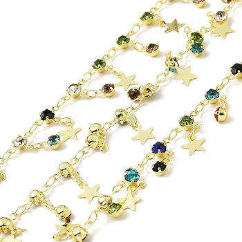 Handmade Glass Link Chains, with Brass Star Charms, Long-Lasting Plated, Golden, Soldered, with Spool, Colorful, 9.5x6.5x3mm
